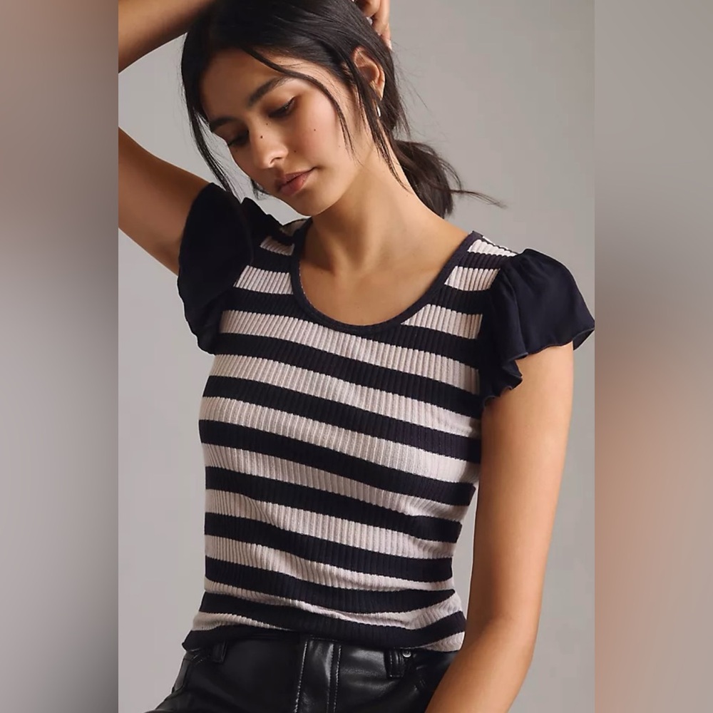 NWT T.La Flutter Sleeve Tee from Anthropologie, navy and white stripe